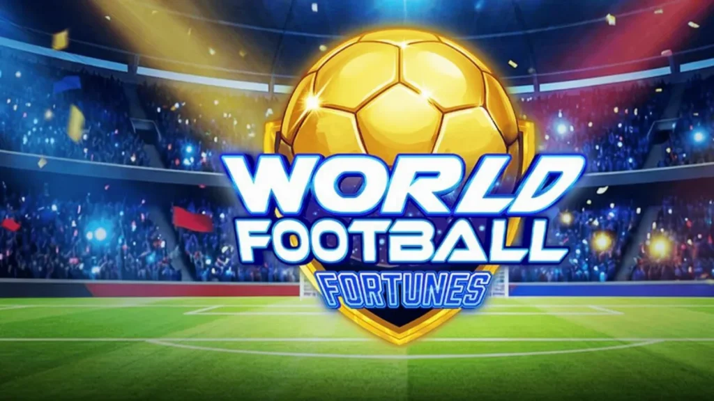 Tampilan layar permainan slot World Football Fortunes dengan latar belakang stadion sepak bola yang ramai dan gulungan yang menampilkan simbol-simbol bertema sepak bola.