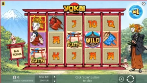Tampilan visual slot Yokai yang menampilkan karakter samurai dan elemen seni Jepang